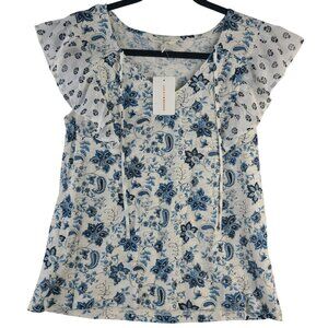 NWT Lucky Brand Floral Ruffle Sleeve Top Blue & White Sz Small